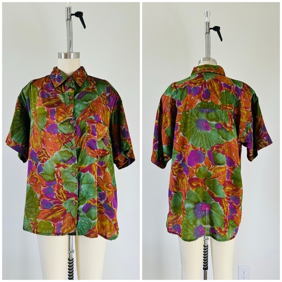 Vintage Tropical Leaf Button Down Blouse Purple main image 0